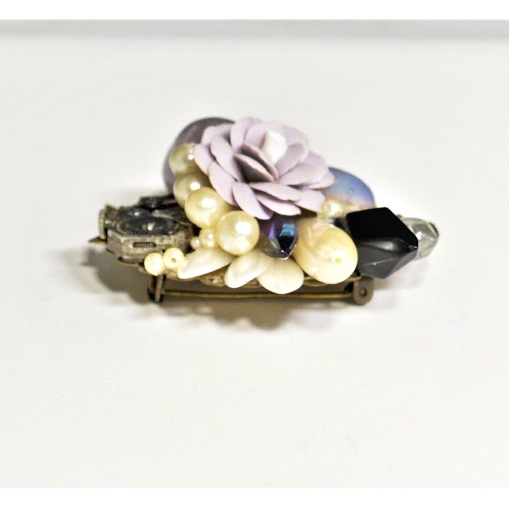 Vintage Artisan Amethyst Porcelain Flower Brooch - Picture 5 of 6